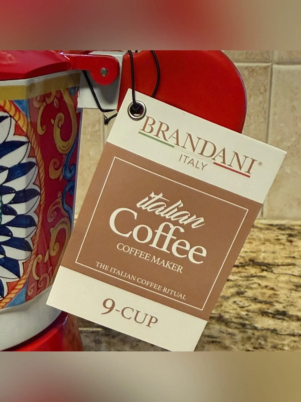 NEW Brandani 9 Cup Italian Coffee Maker Aluminum Moka Pot Sicilian Pattern Red